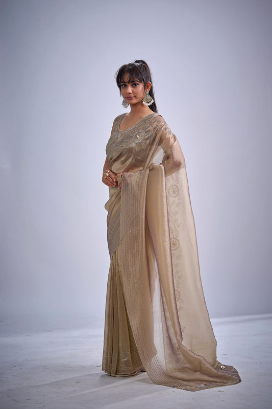Golden Beige Silk Saree with Zari Embroidery Designer Blouse
