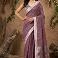 Dusty Mauve Cotton Linen Saree and Woven Motifs Silver Zari Border
