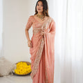 Elegant Peach Pink Organza Silk Saree with Heavy Designer Blouse