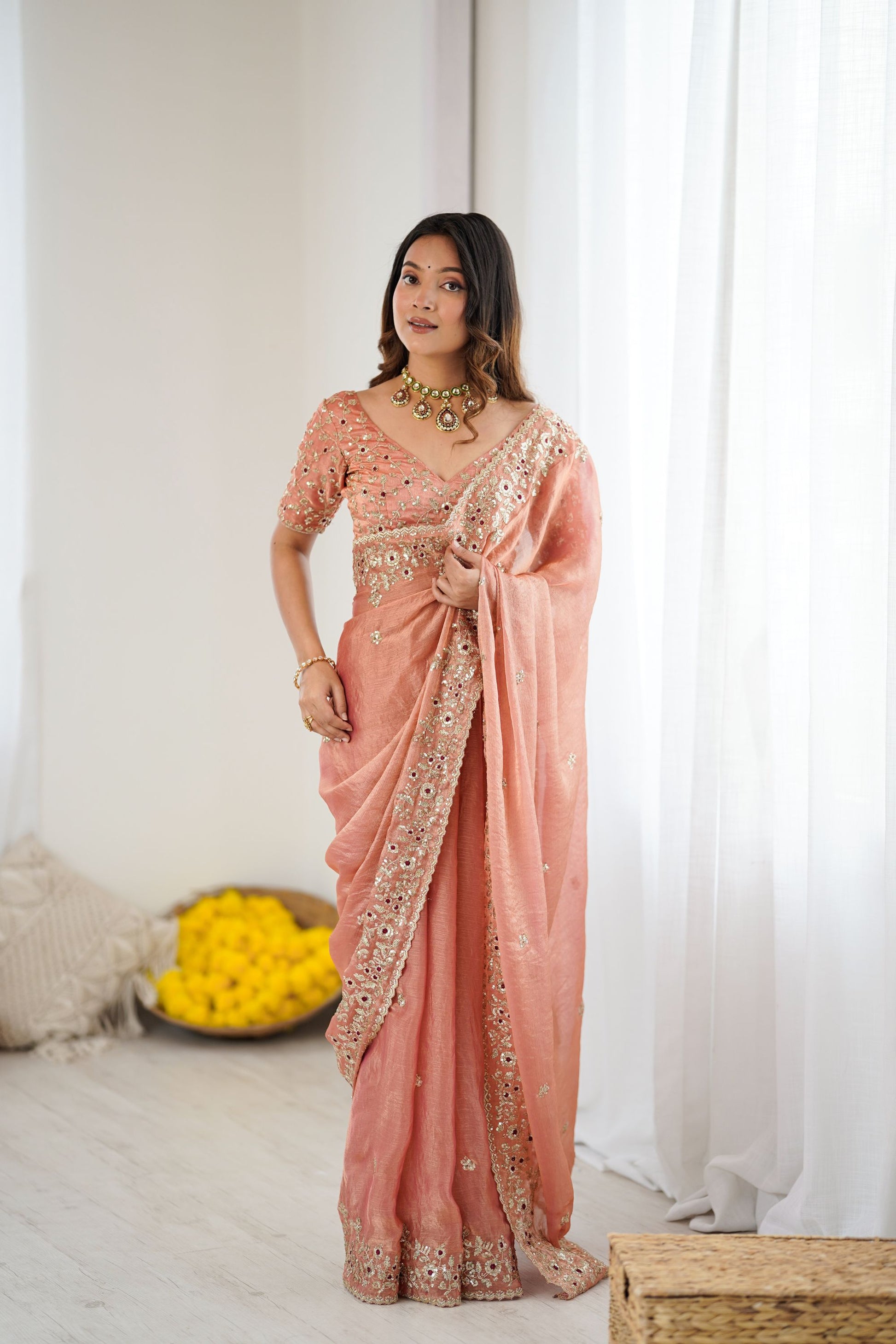 Elegant Peach Pink Organza Silk Saree with Heavy Designer Blouse