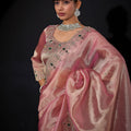 Dusty Pink Shimmer Silk Saree with Heavy Stone Zari Embroidered Border