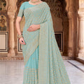 Sky Blue Georgette Saree Heavy Gold Zari Embroidery Designer Blouse 