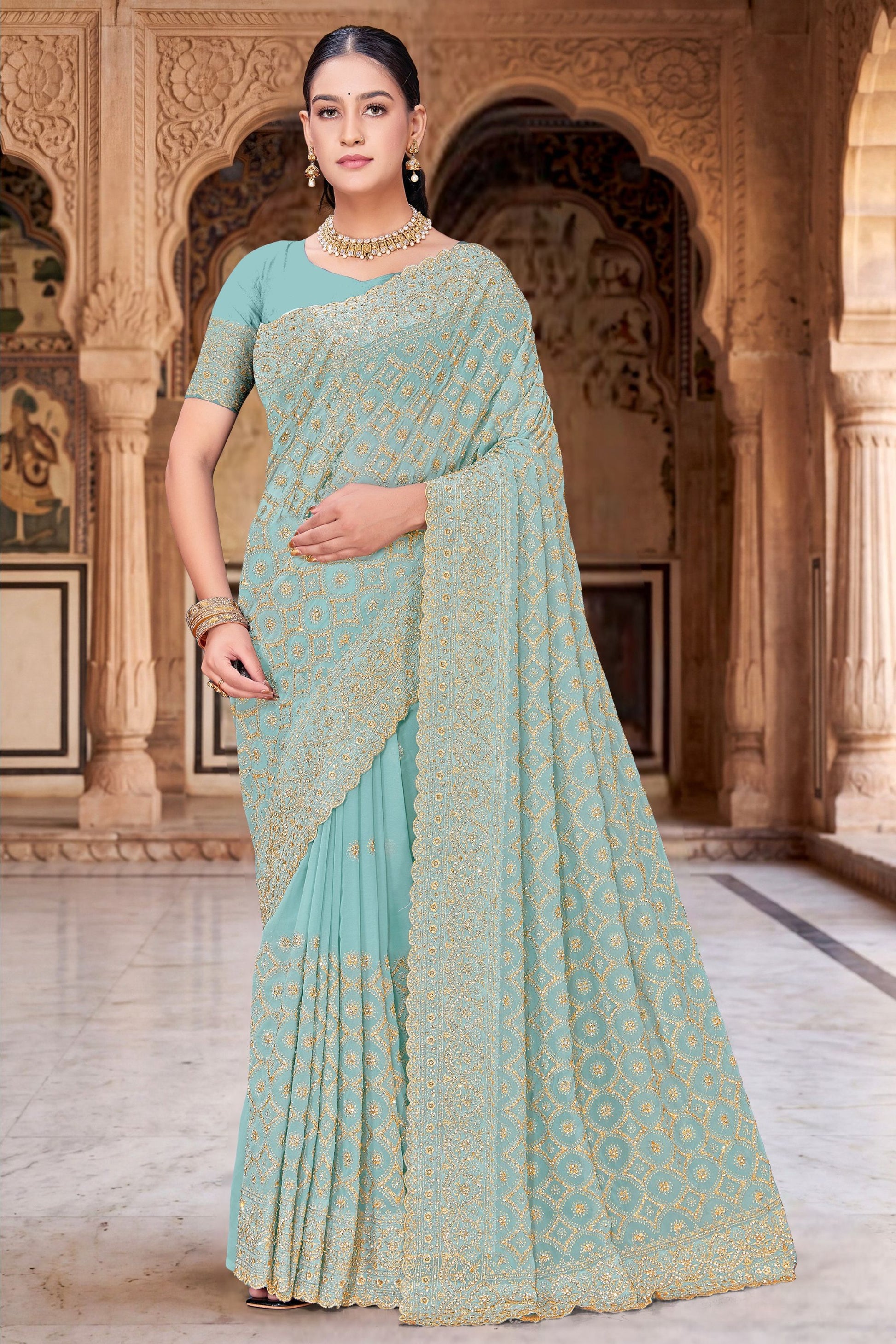 Sky Blue Georgette Saree Heavy Gold Zari Embroidery Designer Blouse 