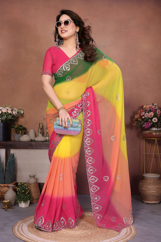 Multicolor Georgette Saree with Embroidered Border Work