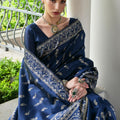 Elegant Navy Blue Cotton Silk Saree with Traditional Woven Border