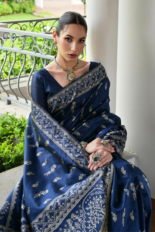 Elegant Navy Blue Cotton Silk Saree with Traditional Woven Border