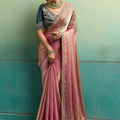 Gorgeous Rose Pink Velvet Satin Beads Piping Tassel Saree