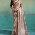 Elegant Beige Velvet Satin Beads Piping Tassel Saree