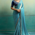 Stunning Sky Blue Velvet Satin Beads Piping Tassel Saree