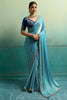 Stunning Sky Blue Velvet Satin Beads Piping Tassel Saree