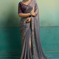 Vibrant Grey Velvet Satin Beads Piping Tassel Saree