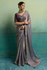 Vibrant Grey Velvet Satin Beads Piping Tassel Saree