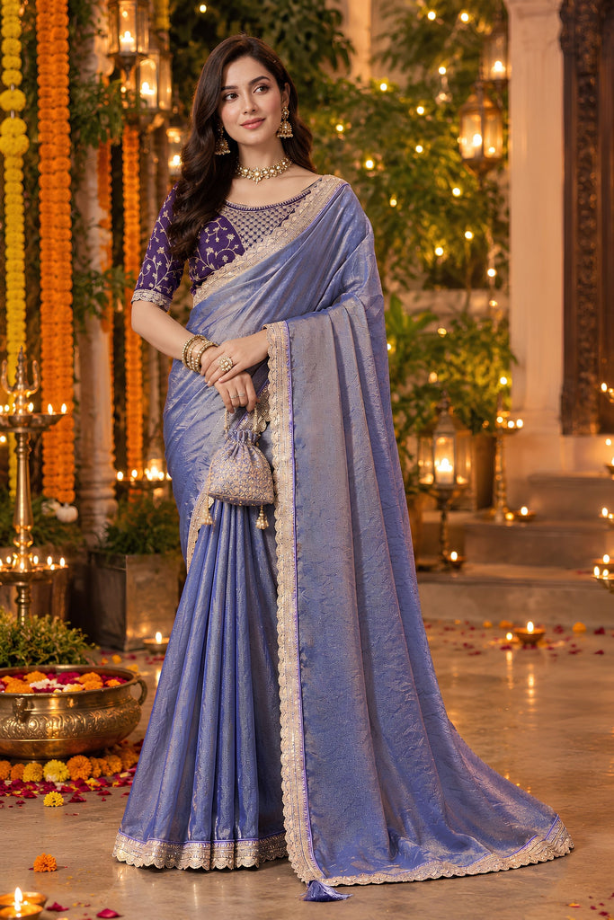 Elegant Lavender Blue NC Moss Sequins Work Designer Saree for Women