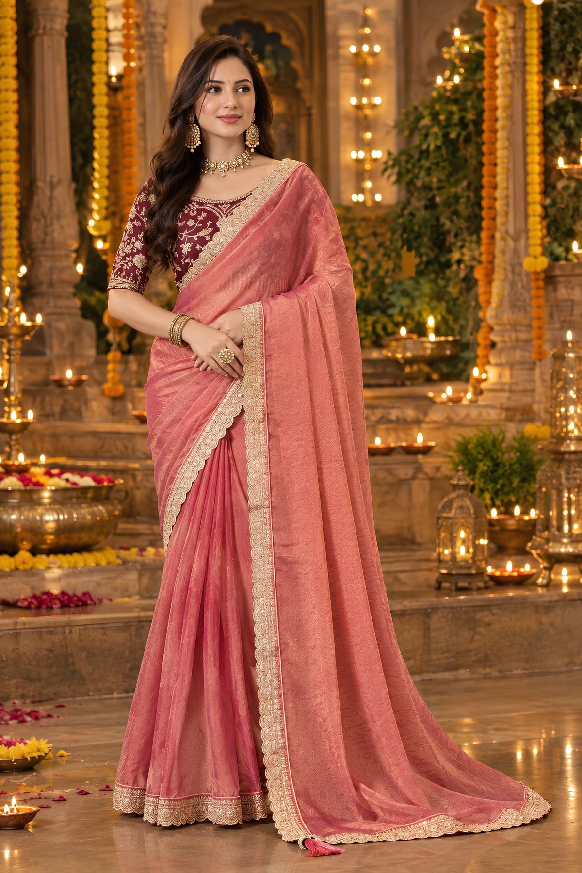 Beautiful Peach Pink NC Moss Sequins Work Saree for Women