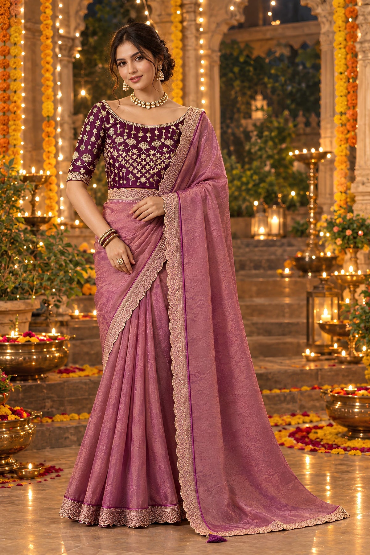 Lovely Mauve Pink NC Moss Sequins Work Designer Saree for Women