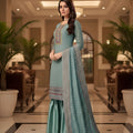 Dusty Green Teal Kurta Sharara Set Embroidered Neckline Designer Dupatta