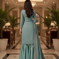 Dusty Green Teal Kurta Sharara Set Embroidered Neckline Designer Dupatta