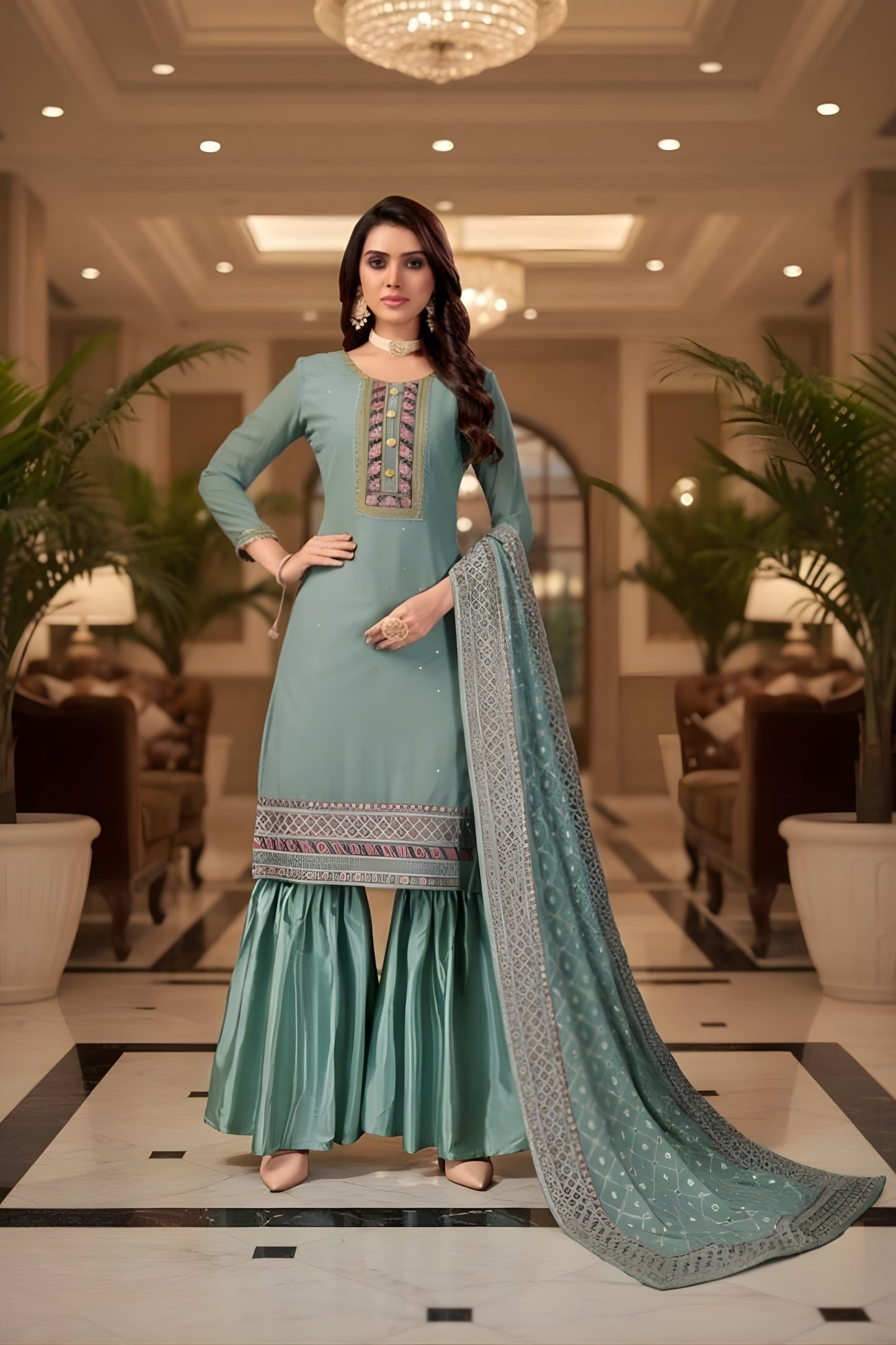 Elegant Sea Green Embroidered Readymade Palazzo Suit with Designer Dupatta for Women