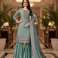 Dusty Teal Green Kurta Sharara Set Embroidered Neckline Designer Dupatta