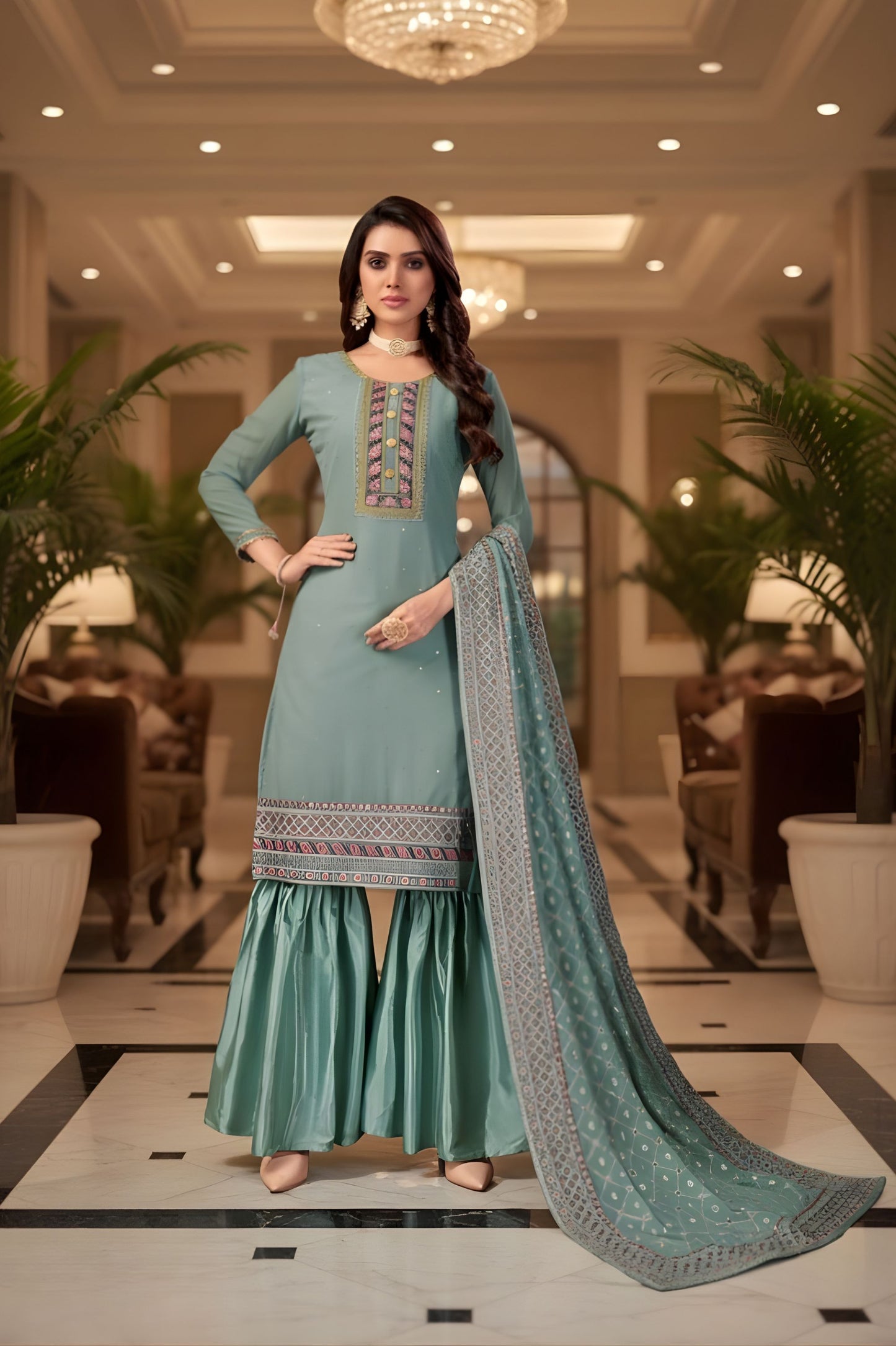 Dusty Teal Green Kurta Sharara Set Embroidered Neckline Designer Dupatta