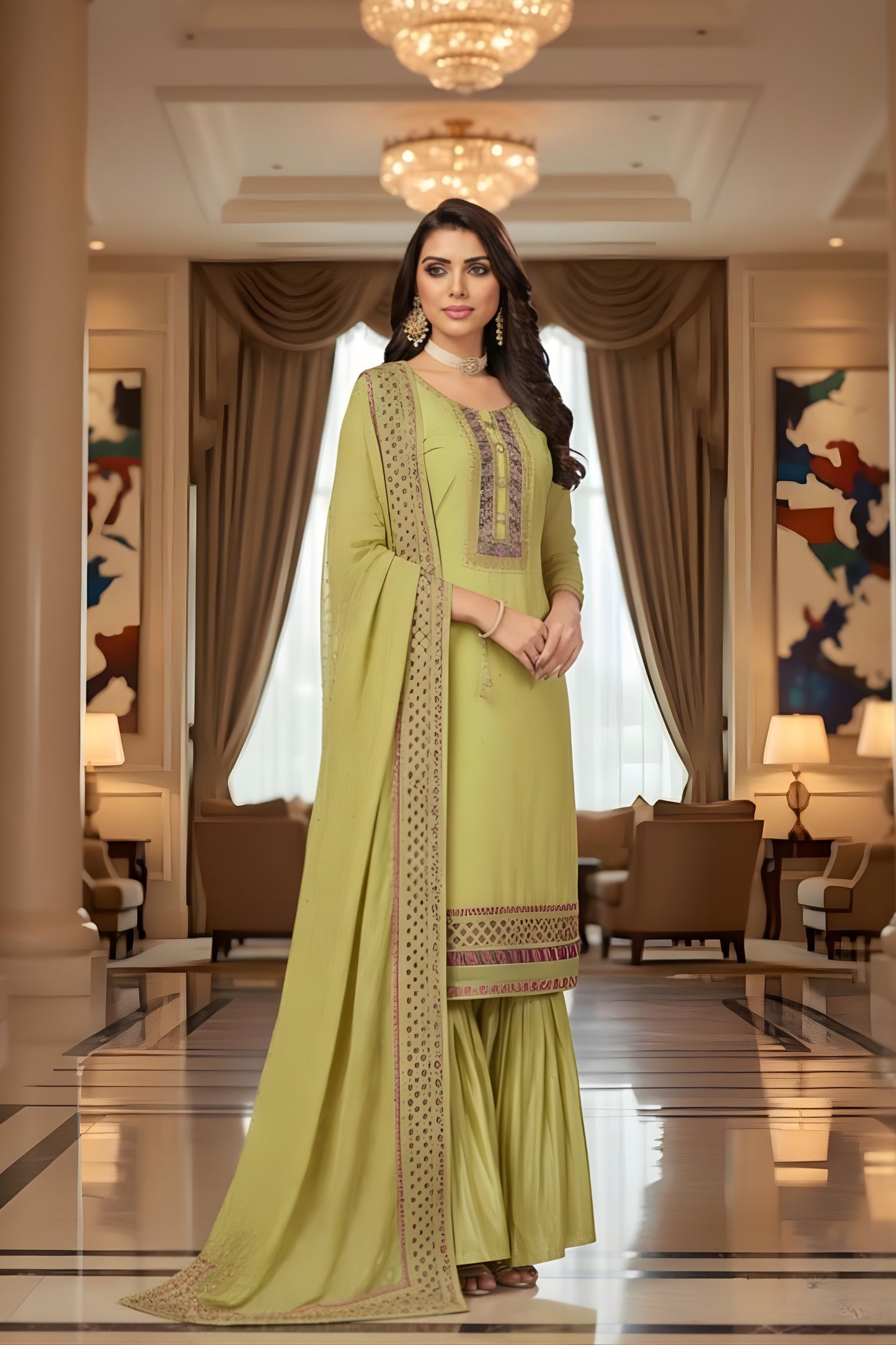Stylish Lime Green Embroidered Readymade Palazzo Suit with Designer Dupatta for Women