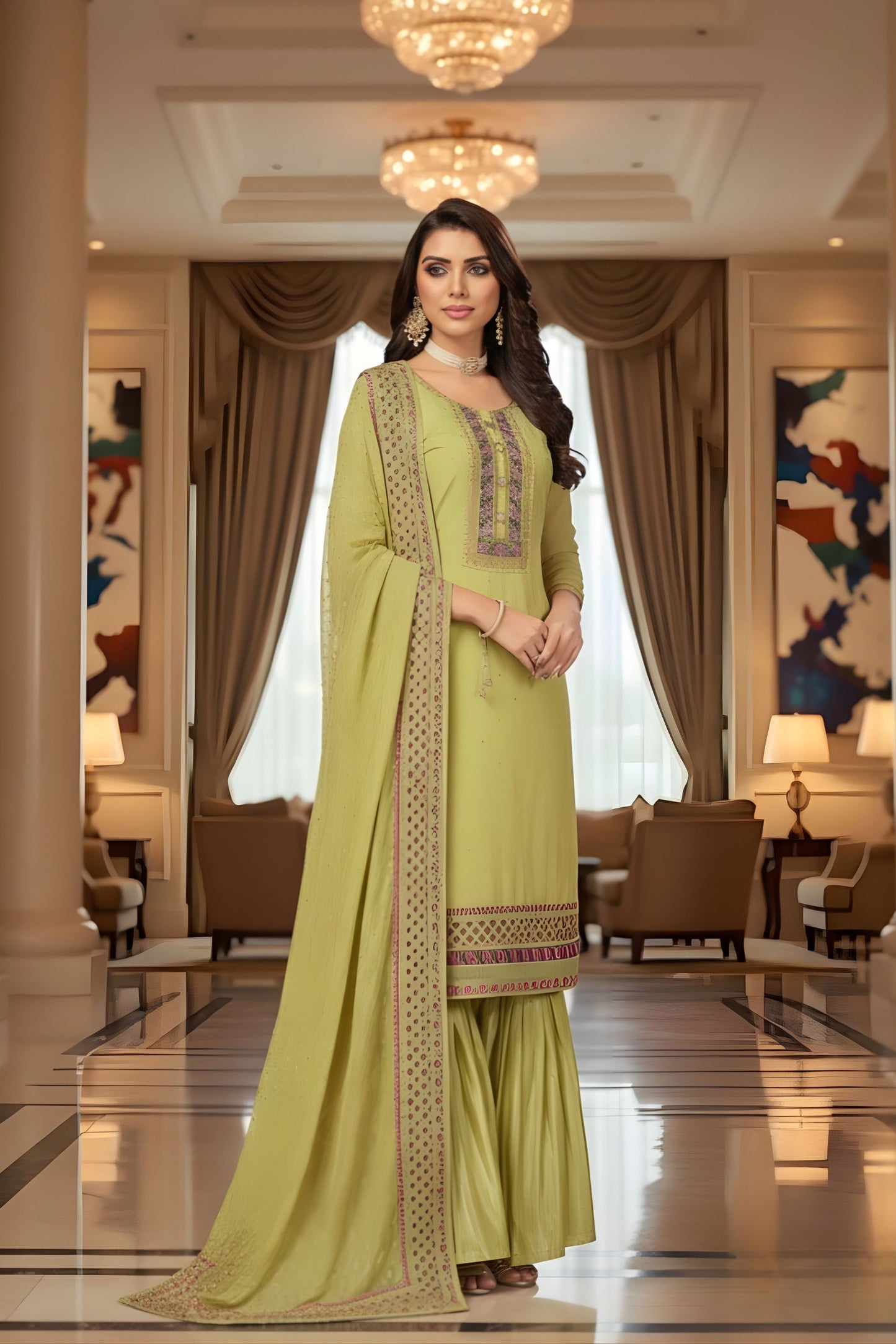 Pista Green Kurta Sharara Set Embroidered Neckline Designer Dupatta