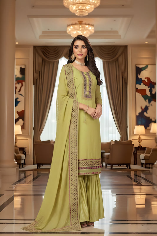 Stylish Lime Green Embroidered Readymade Palazzo Suit with Designer Dupatta for Women