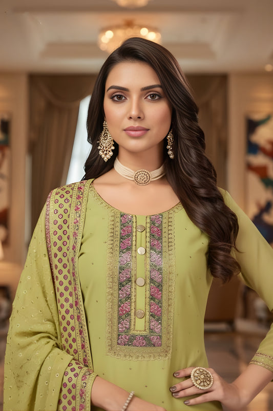 Stylish Lime Green Embroidered Readymade Palazzo Suit with Designer Dupatta for Women