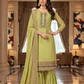 Pista Green Kurta Sharara Set Embroidered Neckline Designer Dupatta