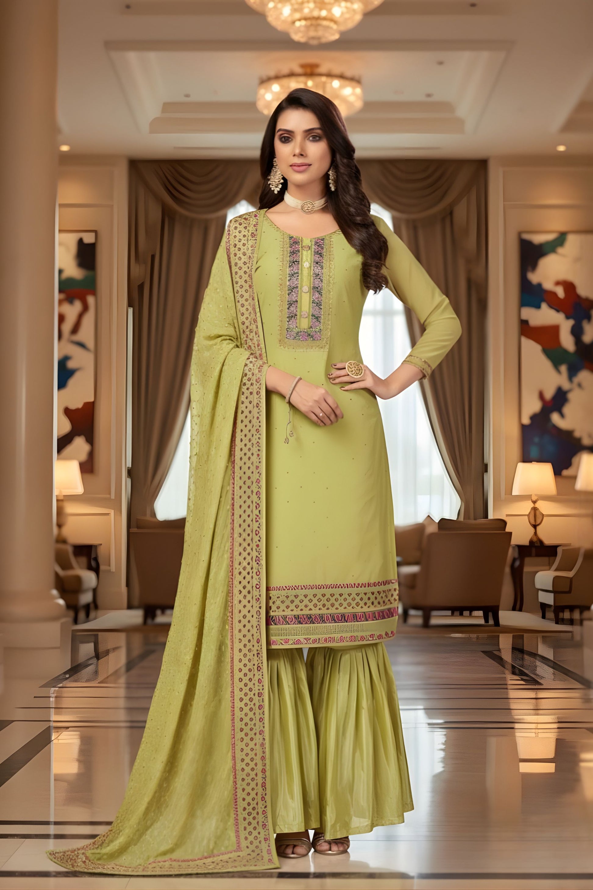 Pista Green Kurta Sharara Set Embroidered Neckline Designer Dupatta
