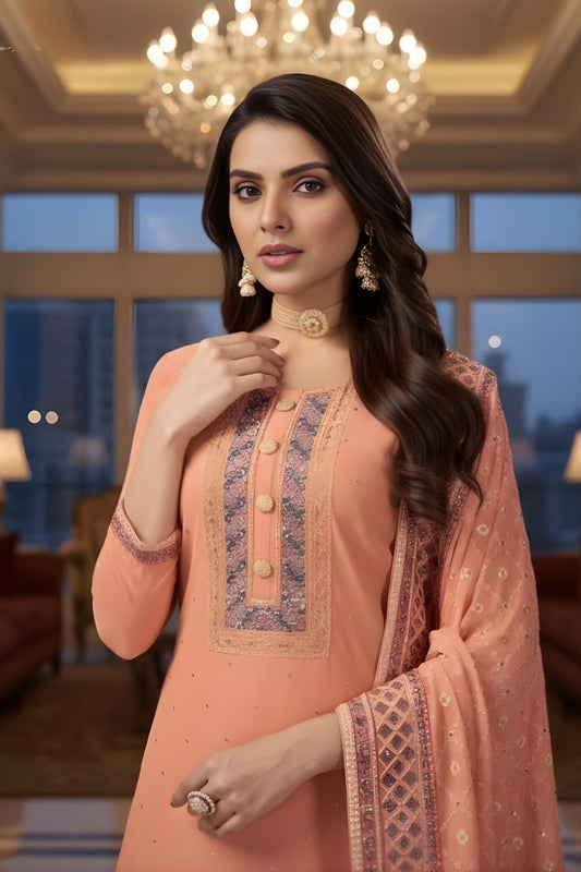 Latest Peach Embroidered Readymade Palazzo Suit with Designer Dupatta for Women