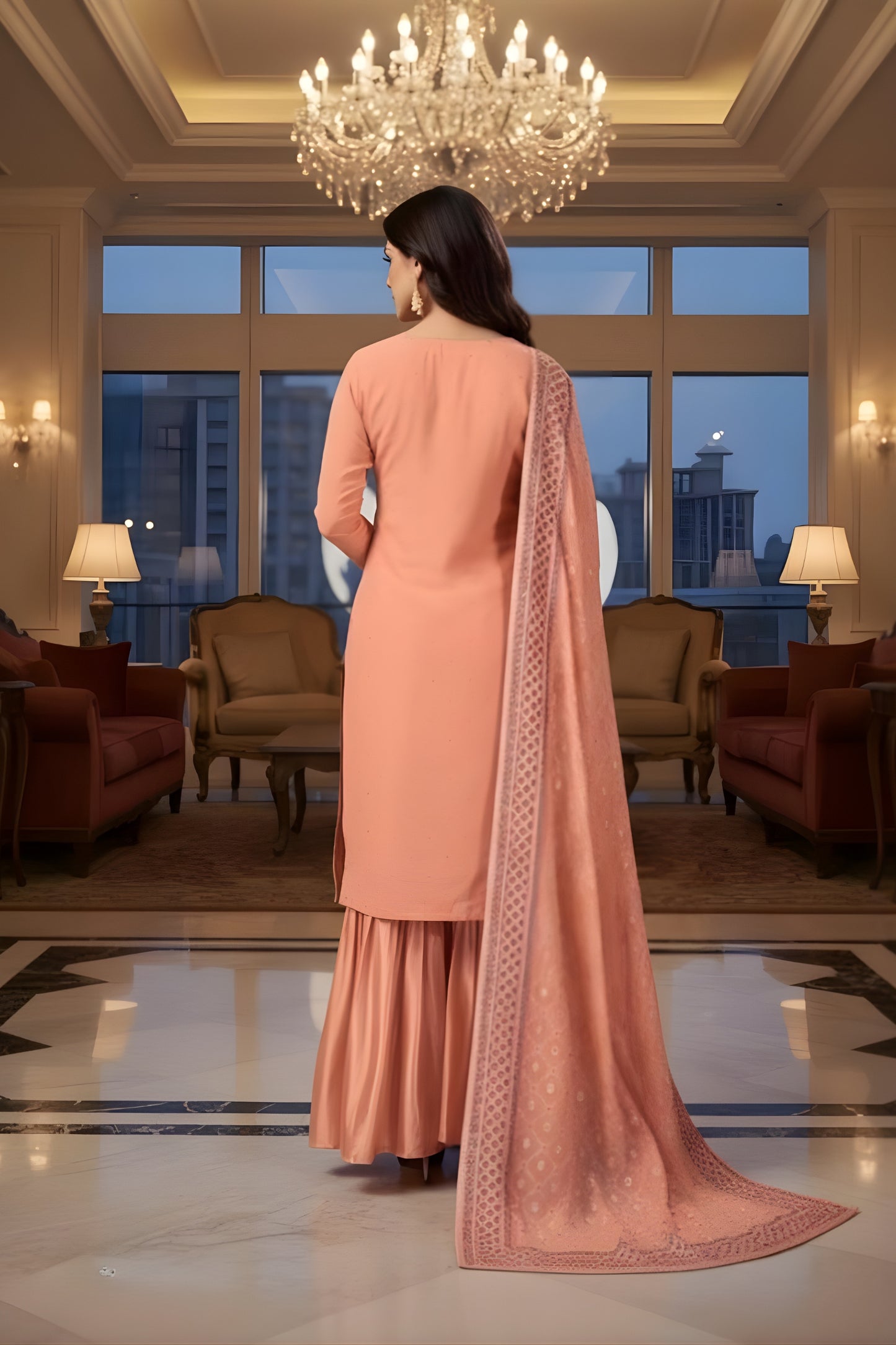 Latest Peach Embroidered Readymade Palazzo Suit with Designer Dupatta for Women