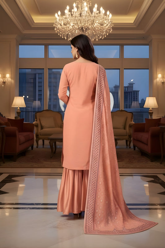 Peach Kurta Sharara Set Embroidered Neckline Designer Dupatta