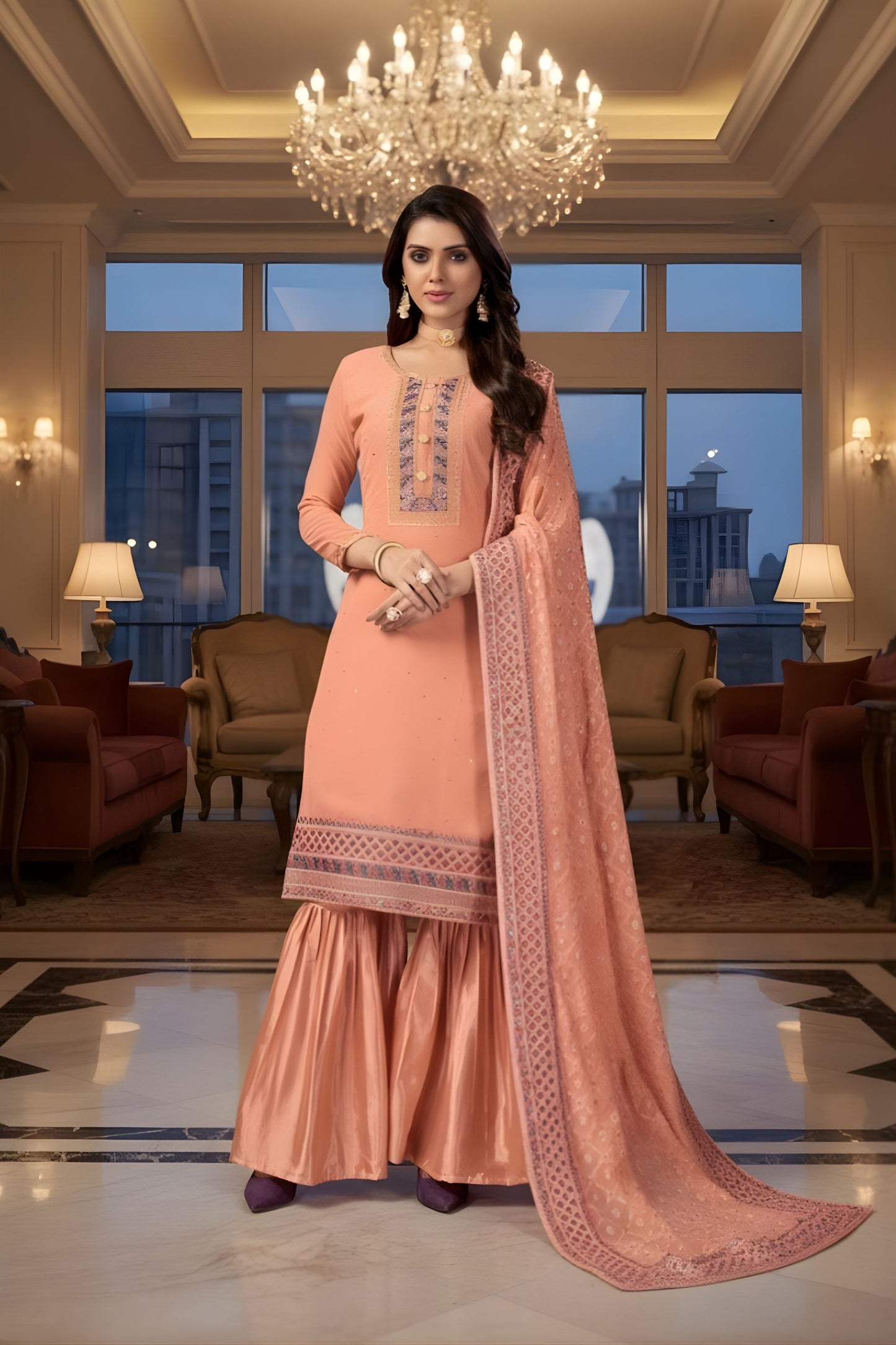 Peach Kurta Sharara Set Embroidered Neckline Designer Dupatta
