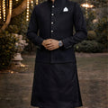 Elegant Black Textured Jacquard Nehru Jacket Wedding Kurta Set for Men
