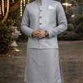 Stylish Light Grey Jacquard Kurta Pyjama with Nehru Jacket for Men
