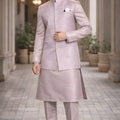 Fancy Pink Jacquard Wedding Kurta Pyjama with Nehru Jacket for Men