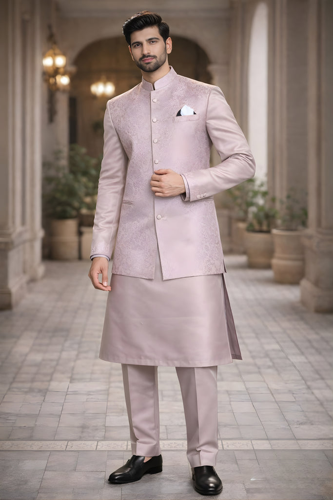 Fancy Pink Jacquard Wedding Kurta Pyjama with Nehru Jacket for Men