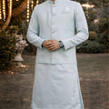Trendy Sky Blue Jacquard Wedding Kurta Pyjama with Nehru Jacket for Men 