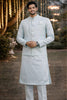Trendy Sky Blue Jacquard Wedding Kurta Pyjama with Nehru Jacket for Men 