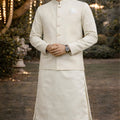 Charming Cream Jacquard Wedding Kurta Pyjama with Nehru Jacket for Men