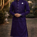 Royal Purple Jacquard Wedding Kurta Pyjama with Nehru Jacket for Men