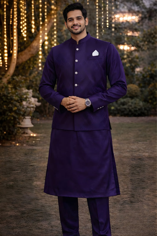 Royal Purple Jacquard Wedding Kurta Pyjama with Nehru Jacket for Men