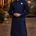 Amazing Navy Blue Jacquard Wedding Kurta Pyjama with Nehru Jacket for Men