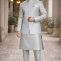Majestic Grey Jacquard Wedding Kurta Pyjama with Nehru Jacket for Men