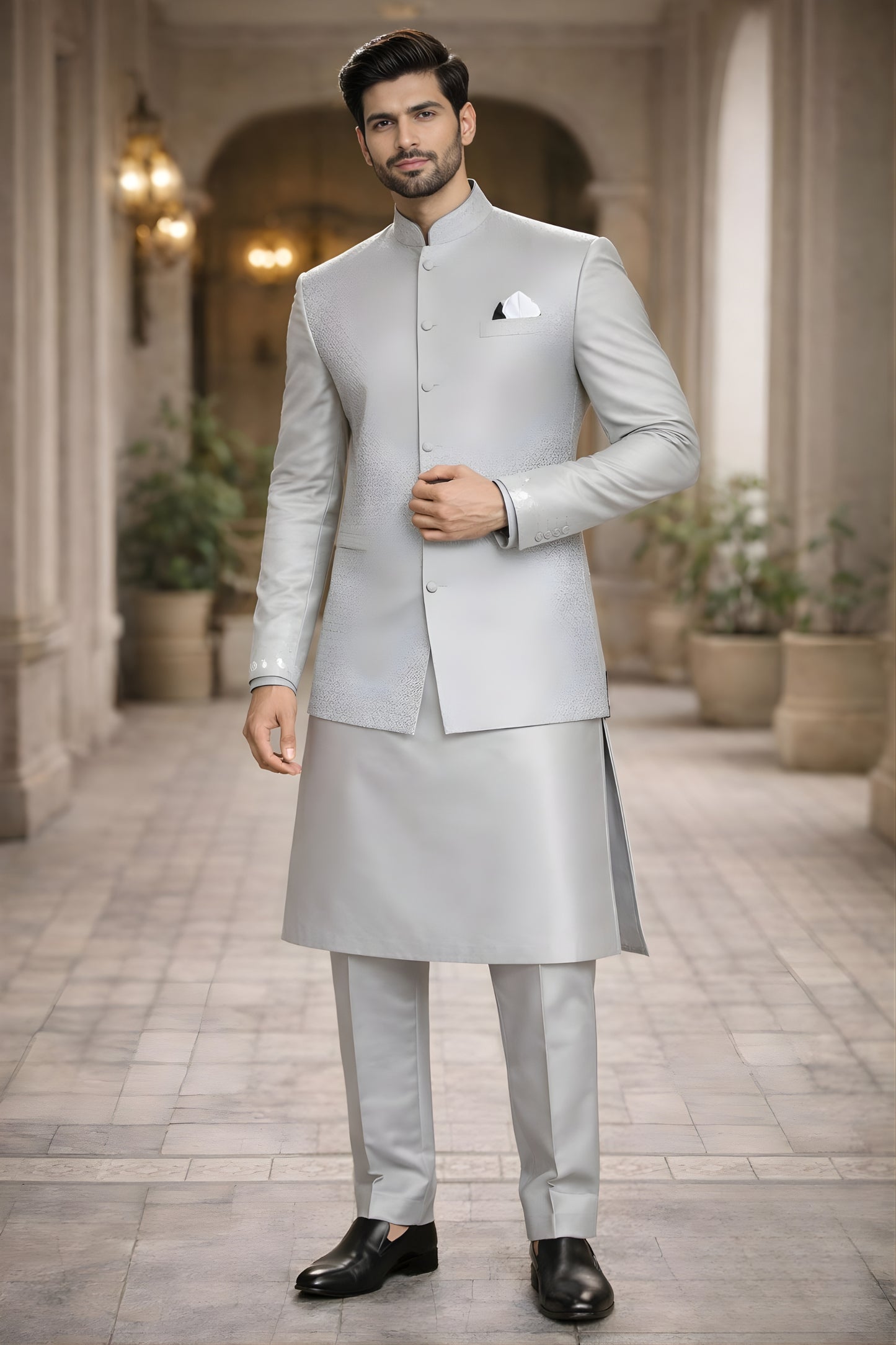 Majestic Grey Jacquard Wedding Kurta Pyjama with Nehru Jacket for Men