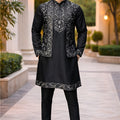 Premium Black Doniar Embroidered Kurta Pyjama with Designer Nehru Jacket