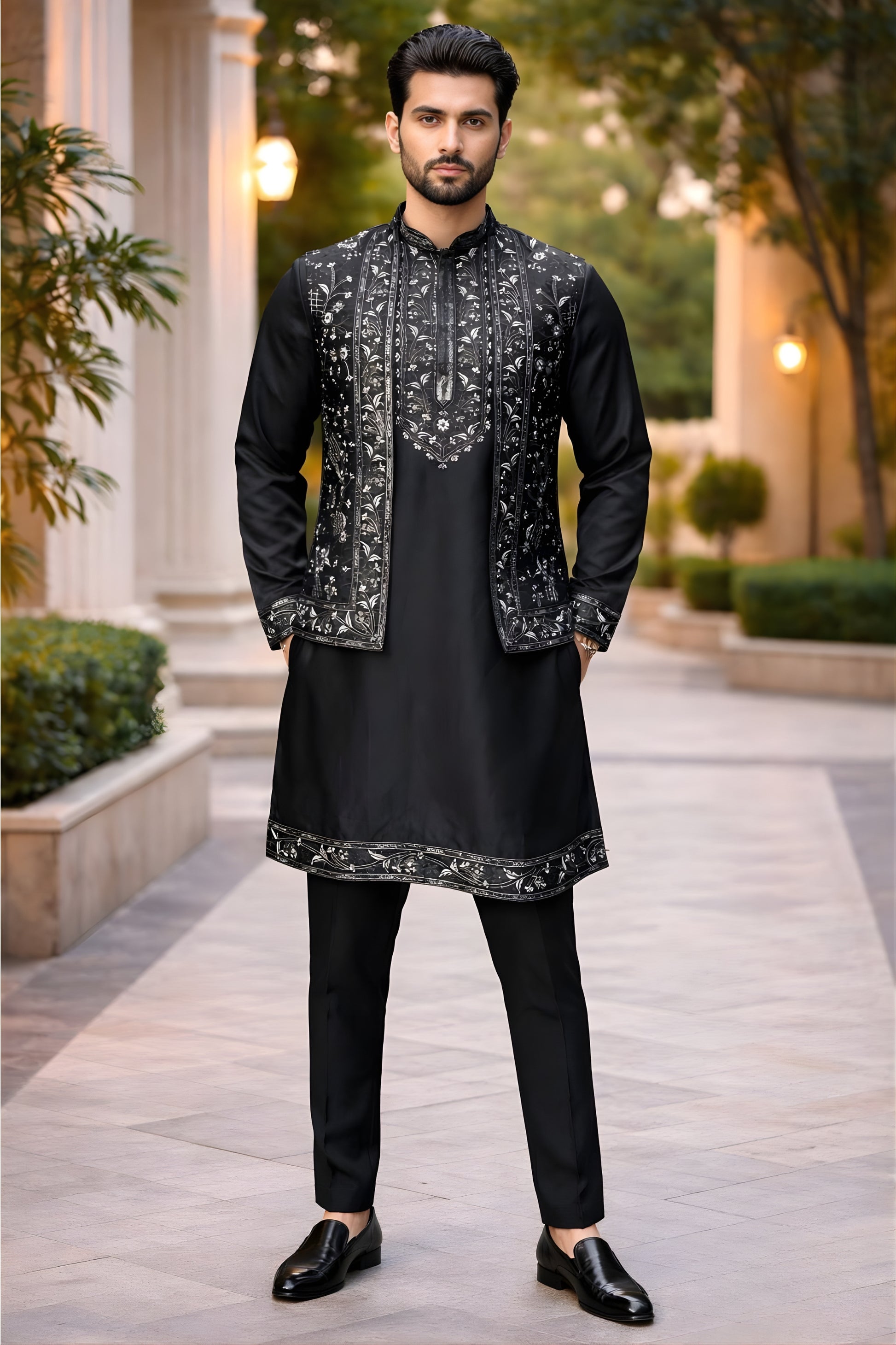 Premium Black Doniar Embroidered Kurta Pyjama with Designer Nehru Jacket