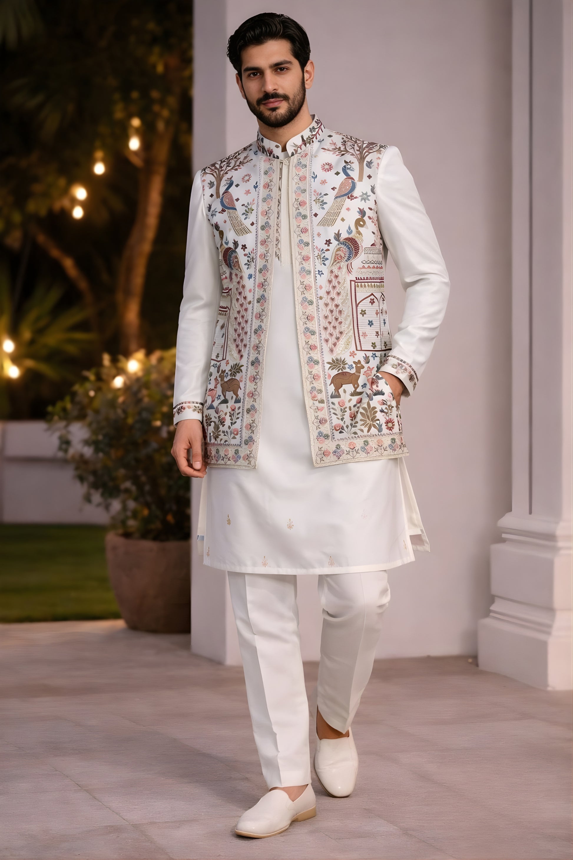 Fancy Off White Embroidered Kurta Pyjama with Designer Printed Nehru Jacket
