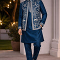 Traditional Teal Blue Embroidered Kurta Pyjama with Designer Printed Nehru Jacket for Men